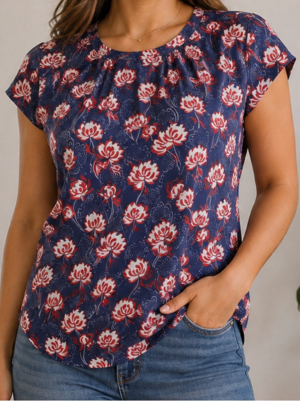 Love 21 Navy Floral Blouse with Red and White Flowers